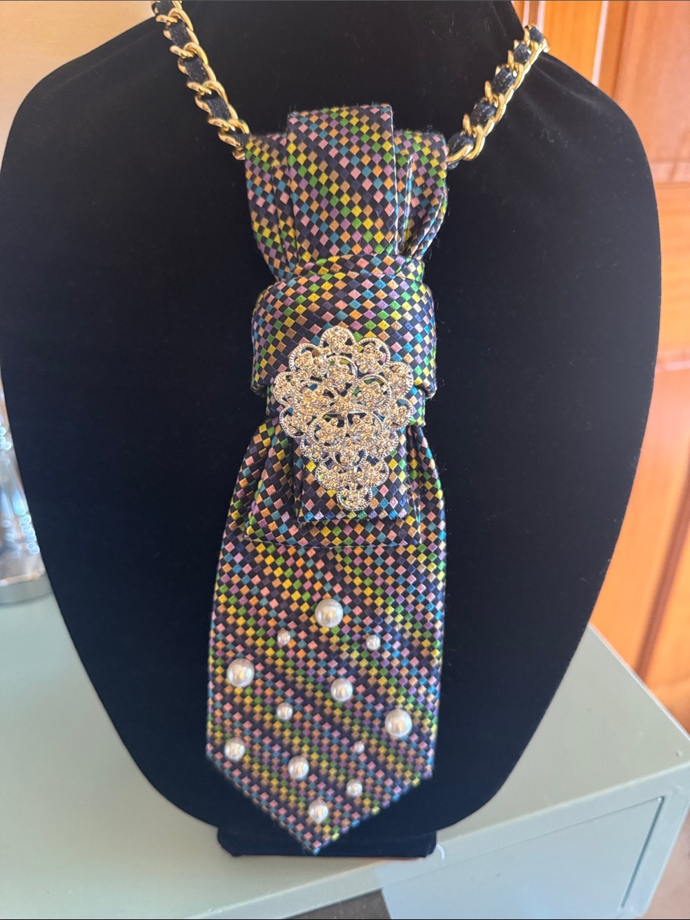 Crystal-Embellished Multicolor Women's Neck Scarf Tie
